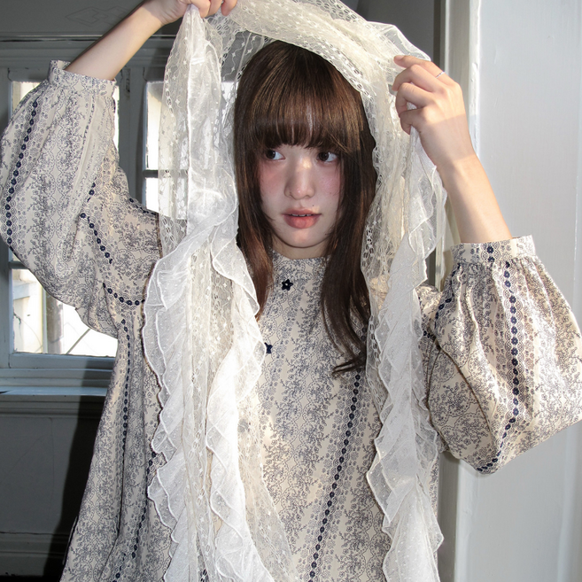 무니유유 여성 트렌디 패치워크 프릴 레이스 롱타이 코디 스카프 머플러