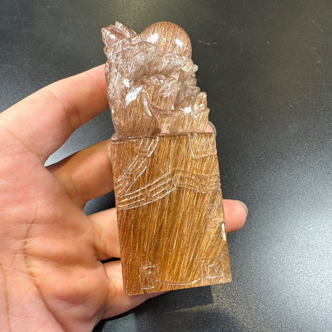 紅銅鈦髮晶手工雕刻印章擺件 寓意富貴有餘, 1個