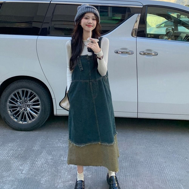 여성 귀여운 빈티지 데님 청 멜빵 원피스 eso+1308zF