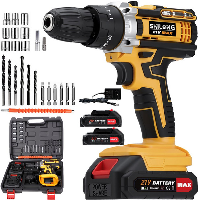 SHILONG 21V 가정용 다용도 전동드릴 35N 빅토크해머드릴무선 가정용전동드라이버 임팩트드릴 해머전동드릴 배터리 2개 2000mah세트 풀세트, 추가배2터리 × 1개