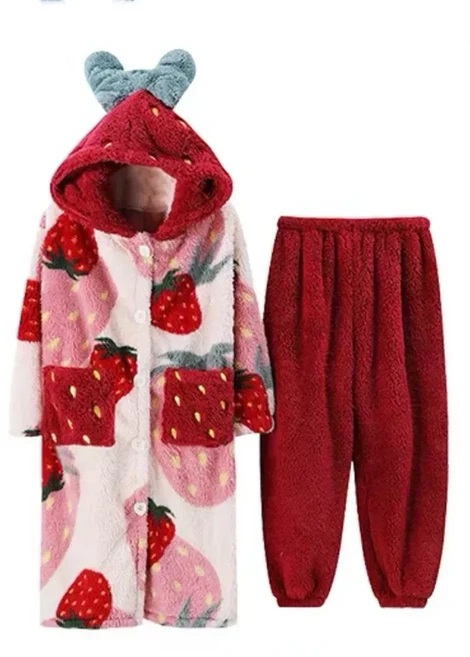 귀여운 플란넬 2024 겨울 기모노 잠옷 딸기 귀여운 홈웨어 따뜻한 목욕 가운 만화 후드 긴 로브, 01 XXL, 01 With Trousers