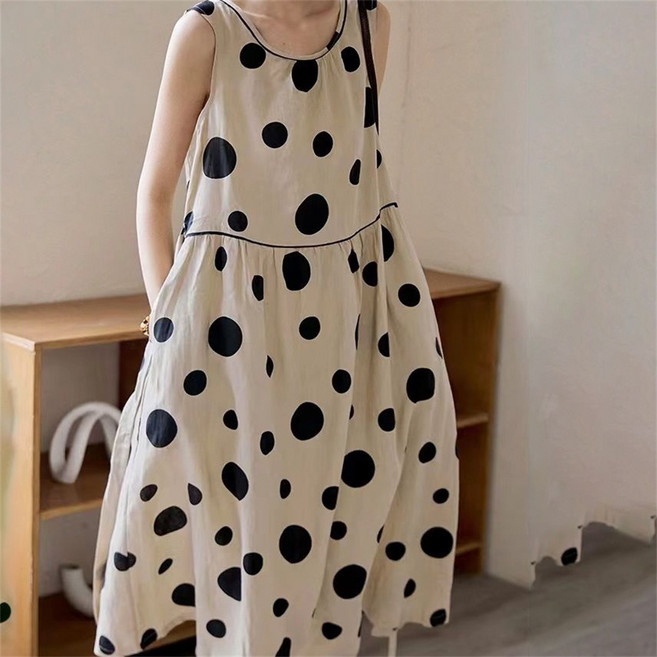 JIEVE 여성 여름 A라인 나시 롱 스커트 민소매 도트 원피스 SW041537