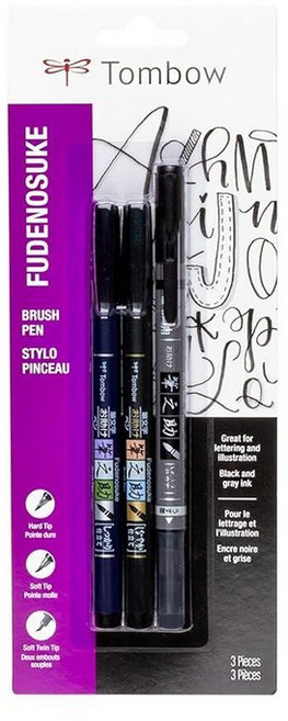 톰보 Tombow 56437 Fudenosuke 네온 브러시 펜 6팩 캘리그래피 및 아트 드로잉용 다양한 색상의 하드 팁 펜 145064 3900285747, 블랙_3 Count (Pack of 1)