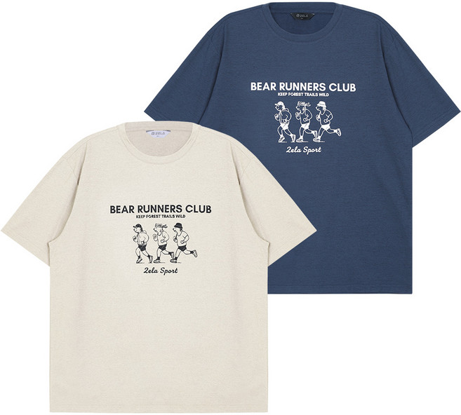 [투엘라] (1+1) 남녀공용 프린팅 라운드 반팔 티셔츠_오버핏 러닝베어스