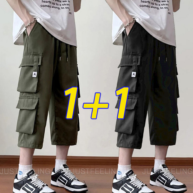 JUSTFEELING 1+1 칠부 반바지 카고 멀티포켓 루즈핏 트레이닝 캐주얼 바지 빅사이즈 밴딩 팬츠 여름바지 D10U