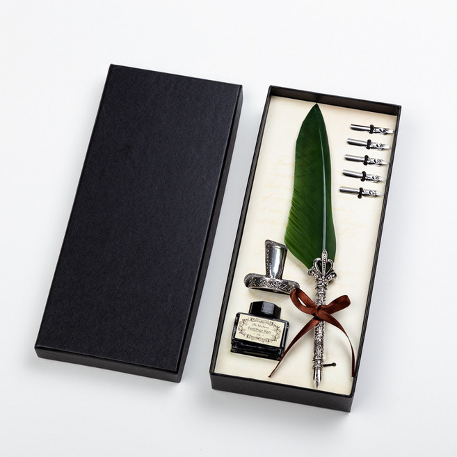 디디트러스트 고급 깃털펜 캘리그라피 세트 펜촉 교체형 잉크포함 선물용 필기구 해리포터 스타일 빈티지 감성, 올리브