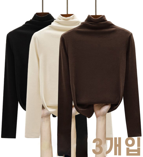 1+1+1여성용 긴팔 티셔츠 가을겨울 이너티 기모 폴라넥 따뜻한 겨울 이너 두툼한 반폴라 슬림핏 베이직 상의 데일리 레이어드용 보온 티셔츠