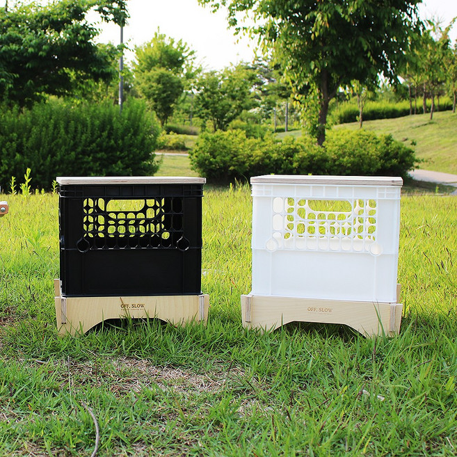 오프슬로우 감성 캠핑 차박 밀크박스 테이블 세트 정리함 우유 수납 우드 상판 받침대 원목, 1개