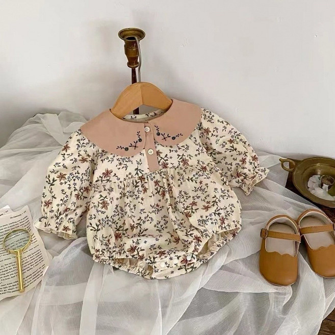 復古碎花長袖包屁衣 嬰兒連身衣 寶寶刺繡娃娃領洋裝