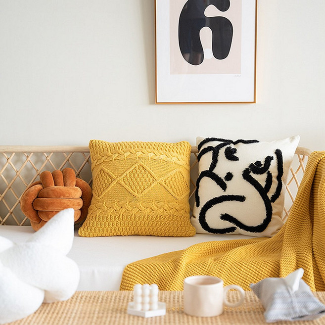 [해외직구] 북유럽 옐로우 꽈배기 짜임 자수 아트 쿠션 포인트 소품, 매듭공쿠션