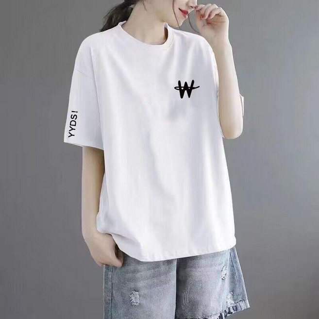 100%純棉圓領短袖T恤 女 韓版寬鬆印花簡約上衣