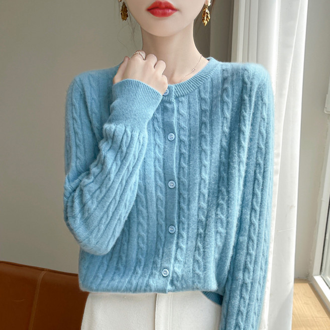 봄가을 여성 라운드넥 꽈배기 니트 가디건 단추 오픈