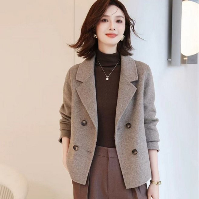 중년 여성 모직 자켓 엄마복 숏 코트 가을 패션 더블 브레스트 심플 스타일 YXF