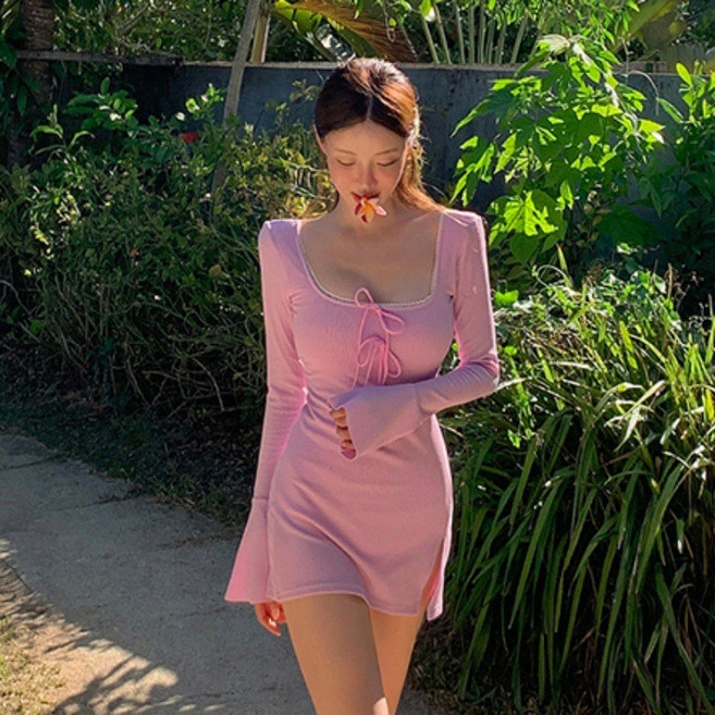 新款長袖防曬顯瘦溫泉游泳裝保守遮肚裙式連體泳衣女, 粉色,XL