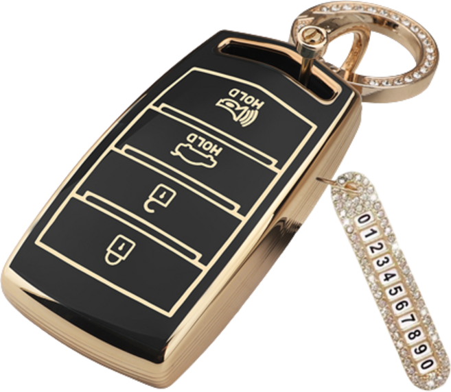 키에티 제네시스호환 4버튼 TPU 엣지 키케이스 + 큐빅번호판, 골드_블랙