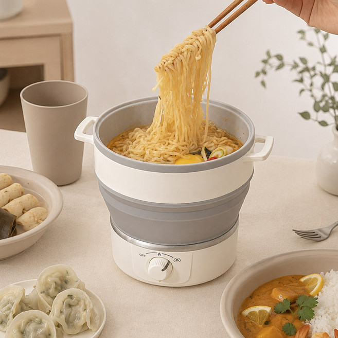 [독일브랜드] 여행용 접이식 전기포트 1L 프리볼트 110V 220V 겸용 캠핑용 미니 라면 포트 화이트 햇반 데우기 출장 유학생 필수템 기숙사 간편 조리, 양수 폴딩 실리콘 멀티포트 1L