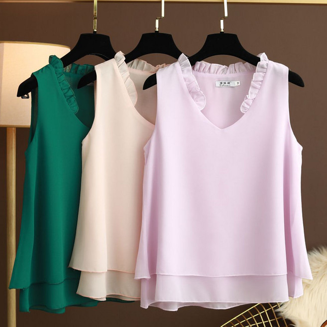 ROYALBELLE 여성 빅사이즈 브이넥 프릴 슬리브리스 언발 이중 쉬폰 블라우스 V01022124