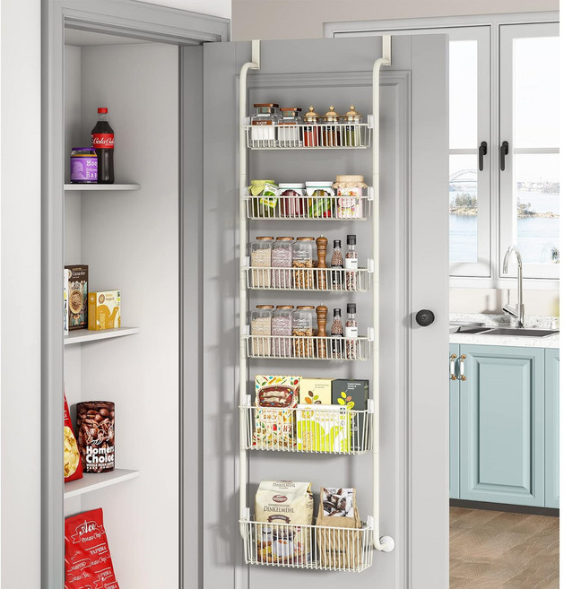 모던마켓 홈 수납 무타공 주방 욕실 멀티 도어선반 2가지 사이즈 바구니있는 철제 공간활용 문걸이 수납선반 문에 걸이는 튼튼한 틈새 수납 문선반, 화이트 6단, 1개