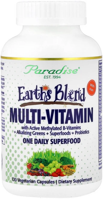 파라다이스허브 Earths Blend 원 데일리 슈퍼 푸드 종합비타민 철분 함유 베지 캡슐 120정, 1개 - 쿠팡