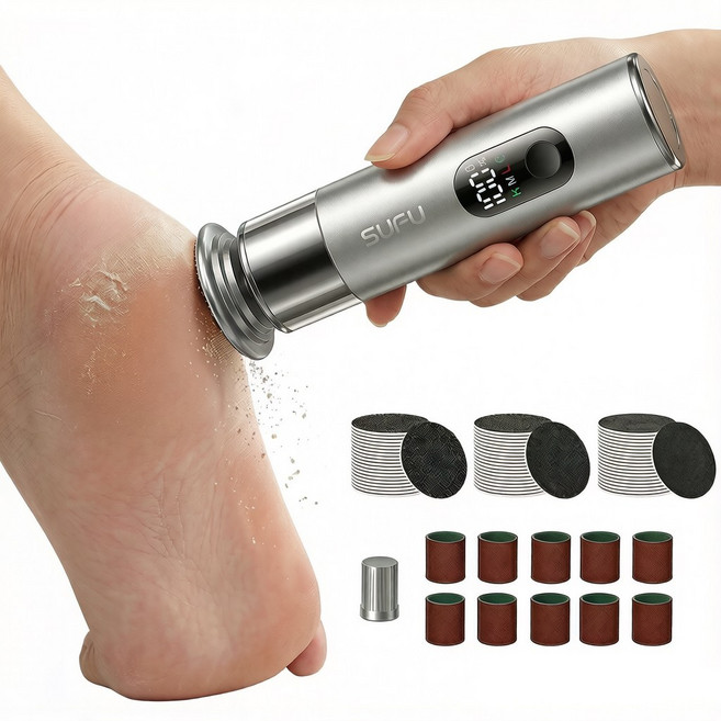 SUFU 전동 발굽 그라인더 고토크 3단 속도 이중 그라인더 헤드 일회용 샌드페이퍼 대용량 배터리 가정용 발 각질 제거기, 은색