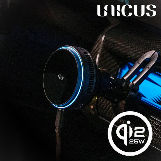우니쿠스 맥세이프 차량용 고속 무선충전 거치대 UCMG-25W Qi2 25W 자력 탈부착 펠티어 냉각, 티타늄블랙