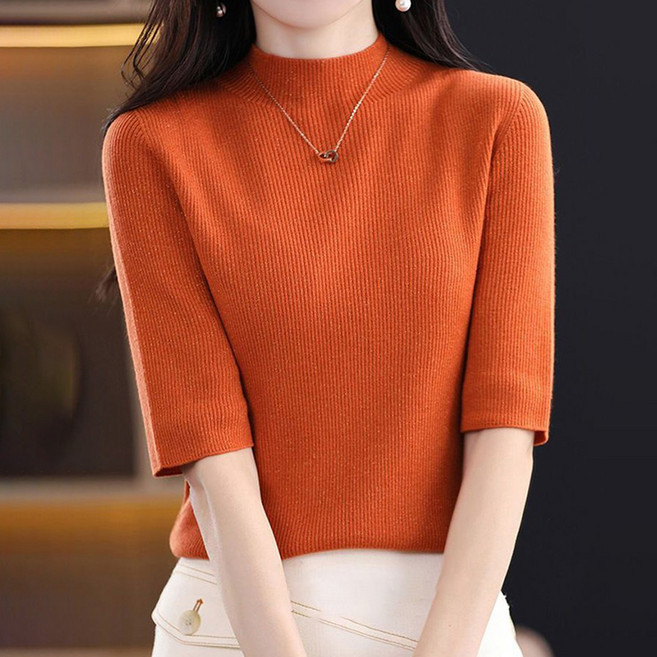 swygsqql 봄 가을 여성 반팔 니트 슬림 반목 5부 니트 티셔츠