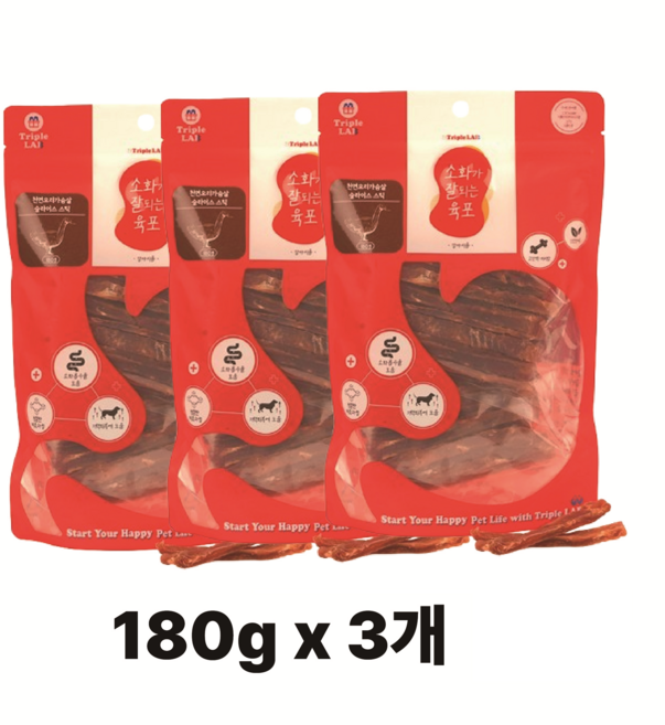 Triple LAB 강아지간식 소화가 잘되는 육포, 3개, 180g, 천연 오리가슴살 슬라이스 스틱