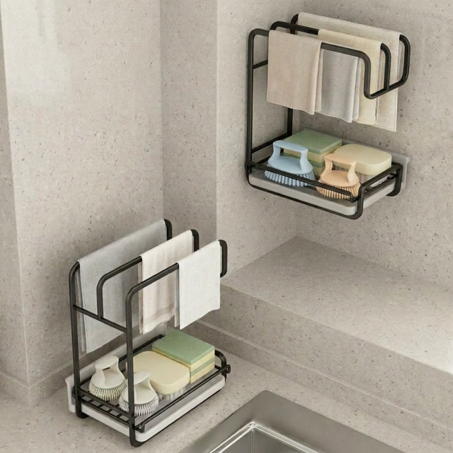 상덕 싱크대 정리대 벽걸이 선반 두 가지 사용 가능 스펀지 수건 정리 수세미 보관대, 1개, 블랙