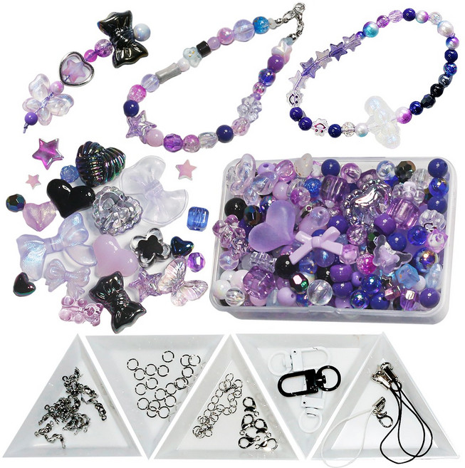 고급 비즈 스쿱 팔찌 스트랩 키링 만들기 키트 공예 재료 세트, 1세트, 퍼플갤럭시 비즈만들기세트