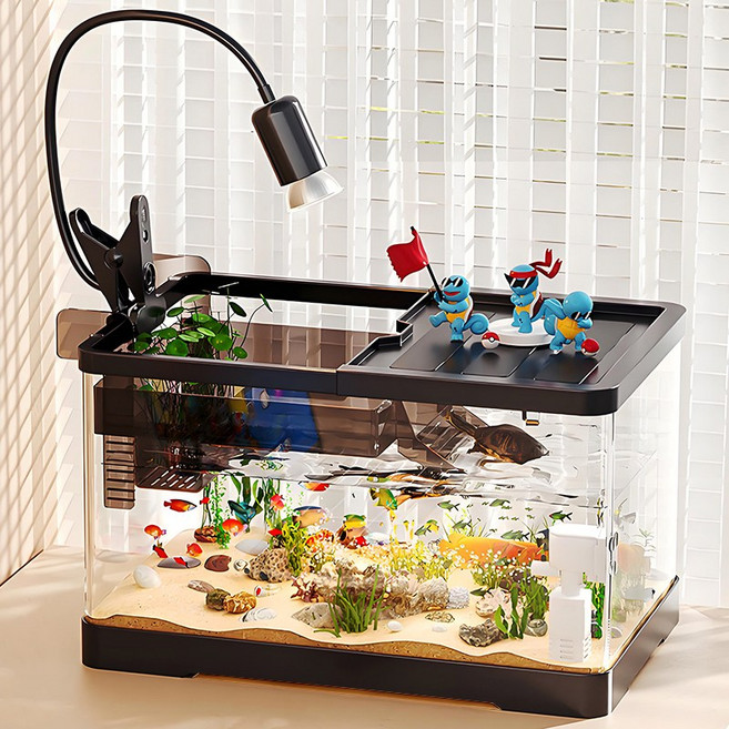 시스슈 가정용 수륙 겸용 어항 심플 넓은 공간 거북이 물고기 양용, 블랙, 1개