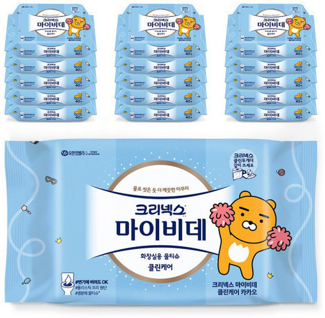 크리넥스 마이비데 클린케어 카카오40매 16팩/화장실/물티슈, 40매, 16박스