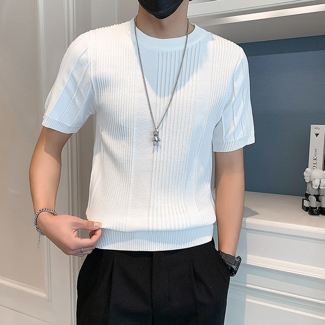 남자 니트 반팔티 여름 라운드넥 쿨 티셔츠 슬림 스판 통기성 데일리 AJ87