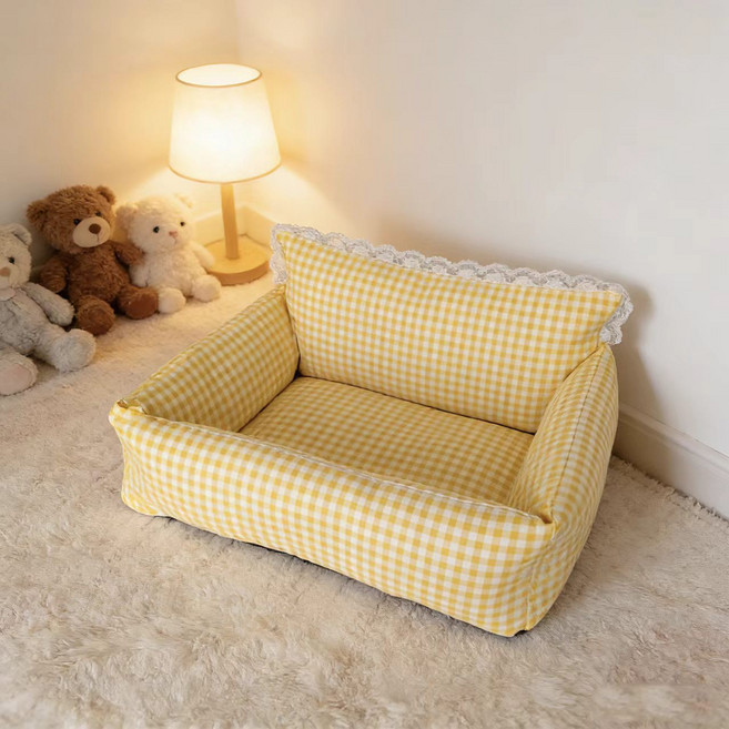 양면 냉석 펫침대 분리세탁 가능 사계절용 강아지 고양이 침대, 1개, 옐로우 스트라이프 + 쿨링 매트