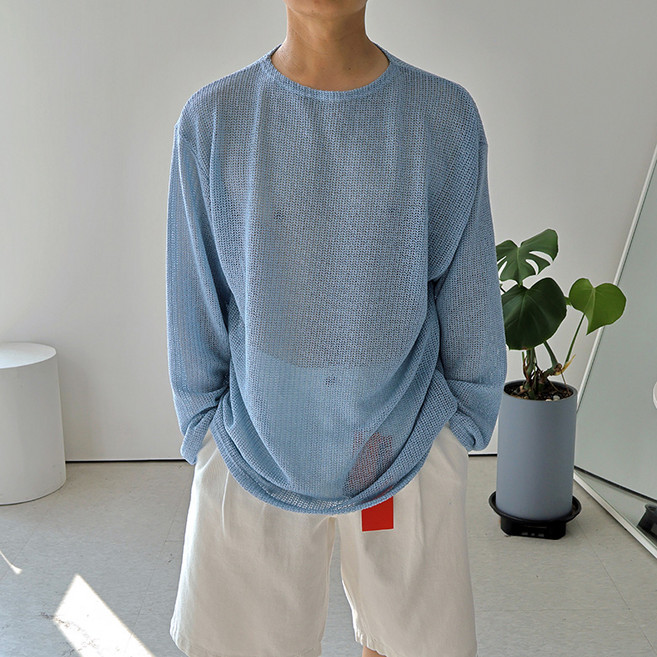 [맨즈북] 여름 망사 남자 휴양지 니트 긴팔티 라운드 오버핏 바닷가 옷