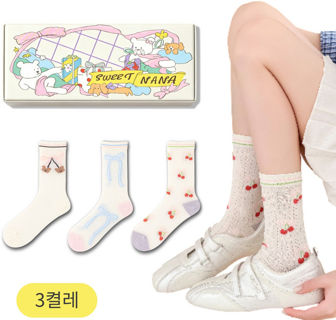 스위트나나 여성 귀여운 체리 리본 양말 3종 세트 봄 여름 통기성 중목양말