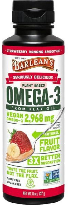 Barlean's Strawberry Banana Flaxseed Oil Liquid Vegan Omega 3 6 9 Supplements for Kids & Adults f, 8 Ounce (Pack of 1), Strawberry Banana Smoothie, 1개