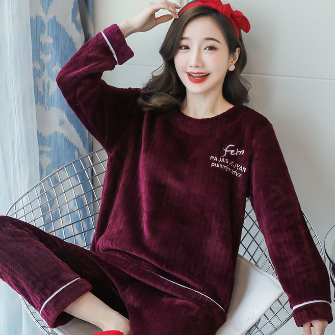 여성 벨벳 잠옷 세트 기모 긴팔 홈웨어 수면잠옷 상하의 세트 가울 겨울 여자 실내복 상하 세트 YSQ
