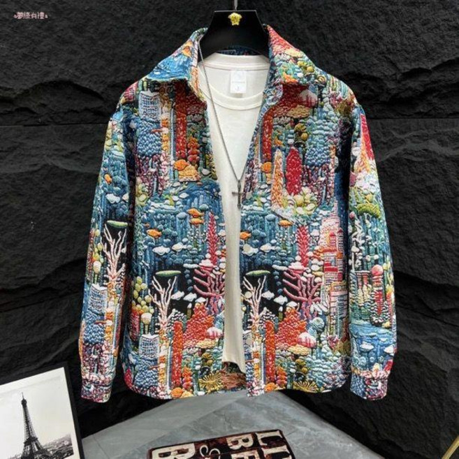 男士彩色提花夾克外套 翻領潮流時尚休閒上衣