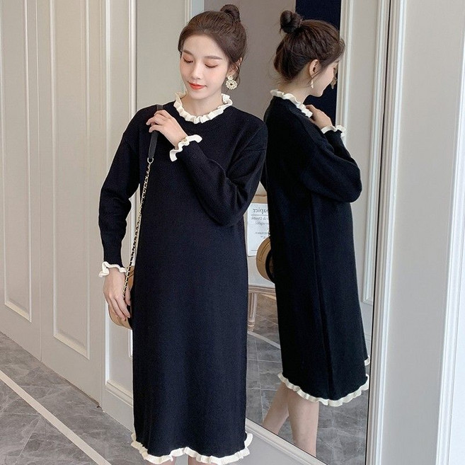 봄 가을 임산부 니트 원피스 캐주얼 긴팔 임부 원피스 기질 임부옷 소향풍 스판 니트 원피스 WXY