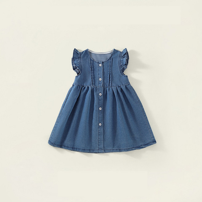女童牛仔連衣裙 荷葉邊短袖 鈕扣設計