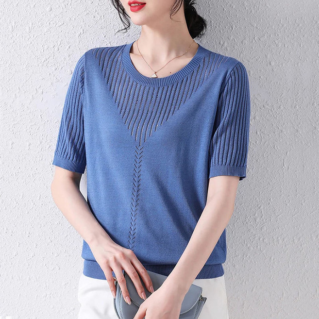 엄마 여름 여성 티셔츠 반팔 여름 2024 새로운 할로우 니트 셔츠 느슨한 얇은 아이스 실크 탑