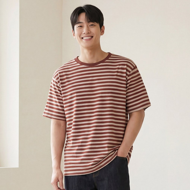 루크 남성 여름 루즈핏 스트라이프 반팔 티셔츠 남자 여름용 라운드 면티 오버핏 빅사이즈 캐주얼 배색 단가라 반팔티