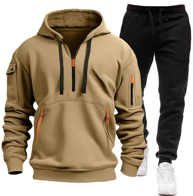 남성 캐주얼 지퍼 포켓 후드티 세트 대형 풀오버 후드티 실용적 일상 운동복 트레이닝