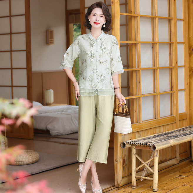 삼제태전 중년 여성 봄여름 두피스 세트 편안한 패션 엄마룩