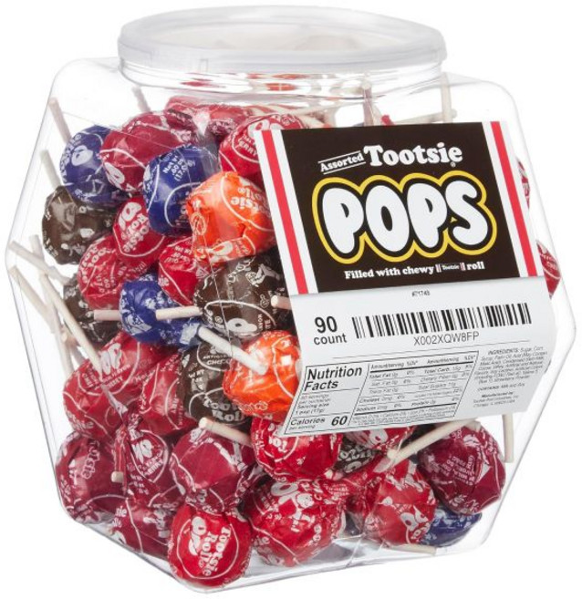 Tootsie Roll Pops 낱개 포장 캔디 사탕 투치 롤 팝스 다양 팩 대용량 90개 개별 롤리팝 롤이 들어있는 다양한 재사용 가능한 통에 담긴 수량 1팩 092021v5, 90개 (1팩)