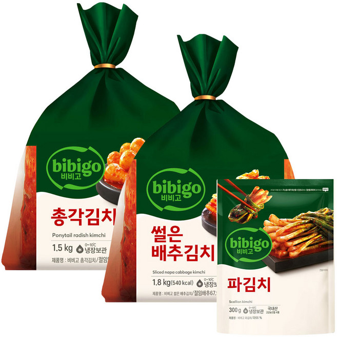 올따옴 CJ 냉장 비비고 썰은배추김치1.8kg+총각김치1.5kg+파김치300g, 1개, 300g