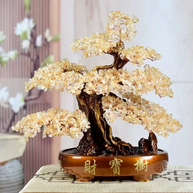 天然黃水晶發財樹 擺件, 咖啡底天然黃財寶樹 小粒加密