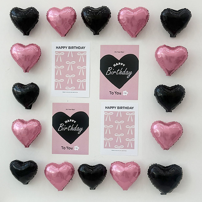 쿠이시 생일 파티 포스터 미니 하트 풍선 파티 용품 세트, 1세트, 블랙+핑크