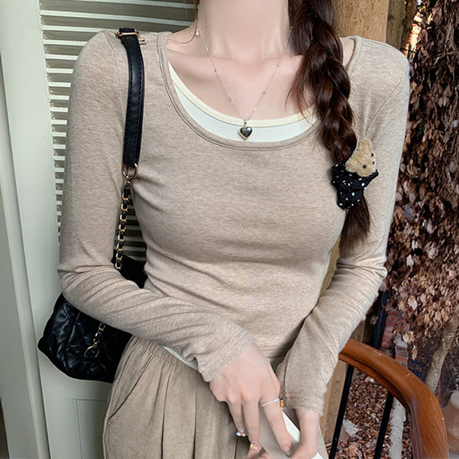 cammello 말라핏 유넥 페이크 배색 레이어드 긴팔 티셔츠 라운드밑단 긴팔티