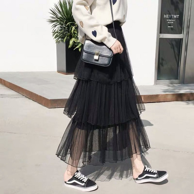蛋糕裙百褶裙紗裙半身裙女中長款仙女網紗裙